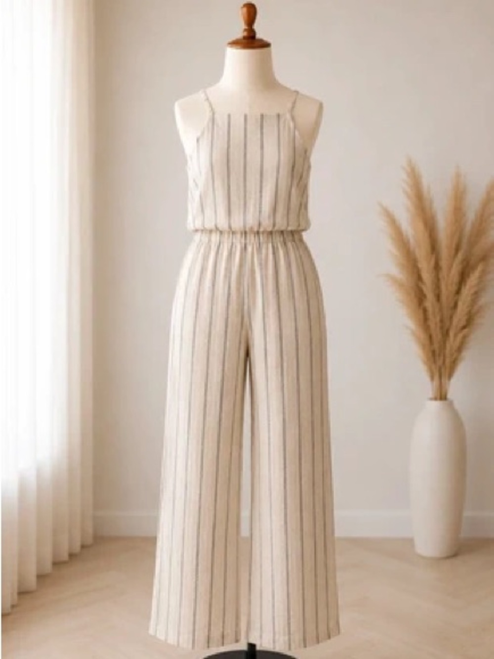 Striped Cotton Blend Cream Straight-Leg Jumpsuit Large
